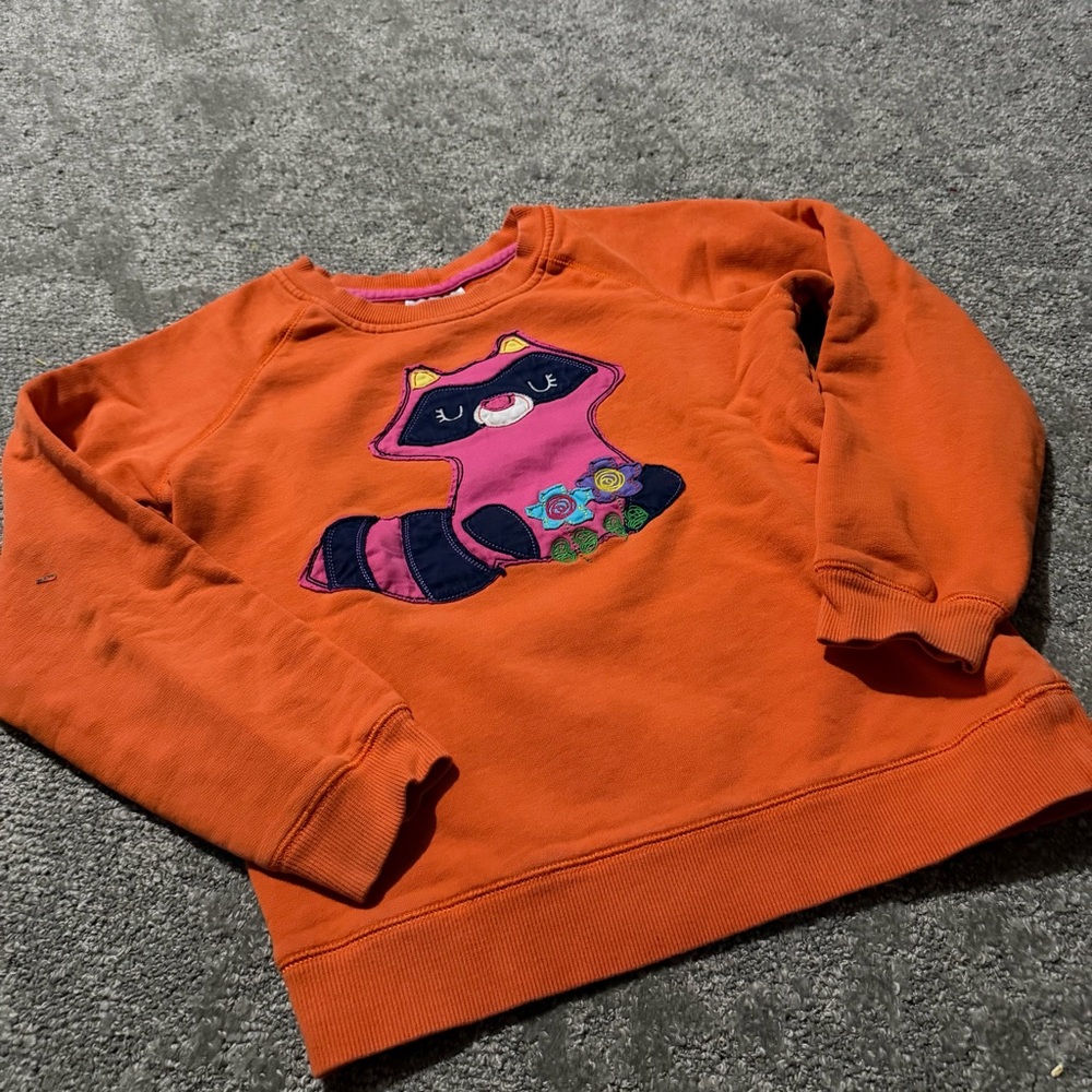 Hanna Anderson 100% cotton orange crewneck with raccoon kids size 10 (140)